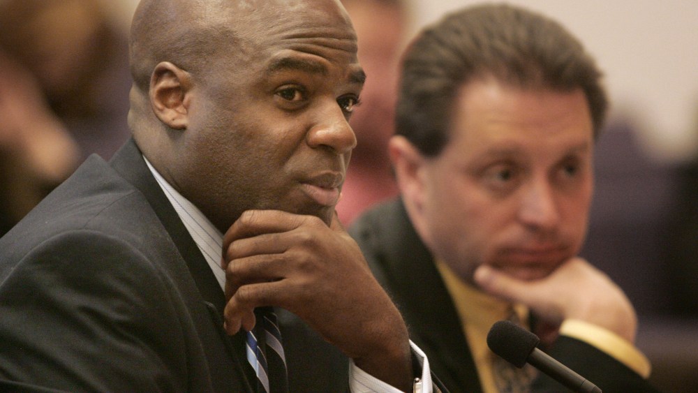 Nevada Assemblyman Kelvin Atkinson, D-North Las Vegas, left, listens during a joint transportation hearing Friday, June 1, 2007, at the Legislature in Carson City, Nev. (AP Photo/The Nevada Appeal, Cathleen Allison)