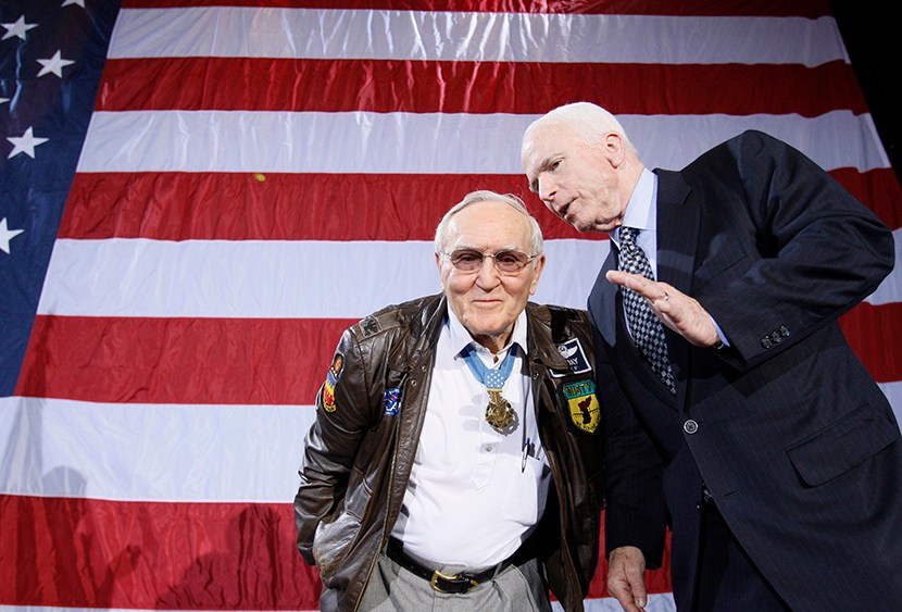 Retired U.S. Air Force Col. Bud Day, left, who was a prisoner of war in Vietnam with Senator John McCain, during a campaign rally at the Emerald Creek Conference Center in Ft. Walton Beach, Fla., Tuesday, Jan. 22, 2008. (Photo by Charles Dharapak/AP)