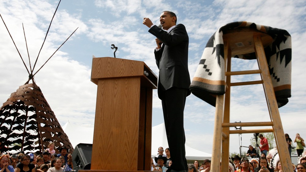 Barack Obama campaigns in Crow Agency, Mont. May 19, 2008.