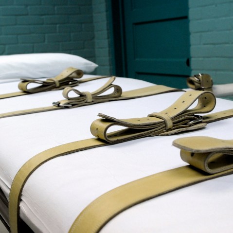 Pictured, a gurney used to restrain prisoners during the lethal injection process. (Photo by Pat Sullivan/AP)