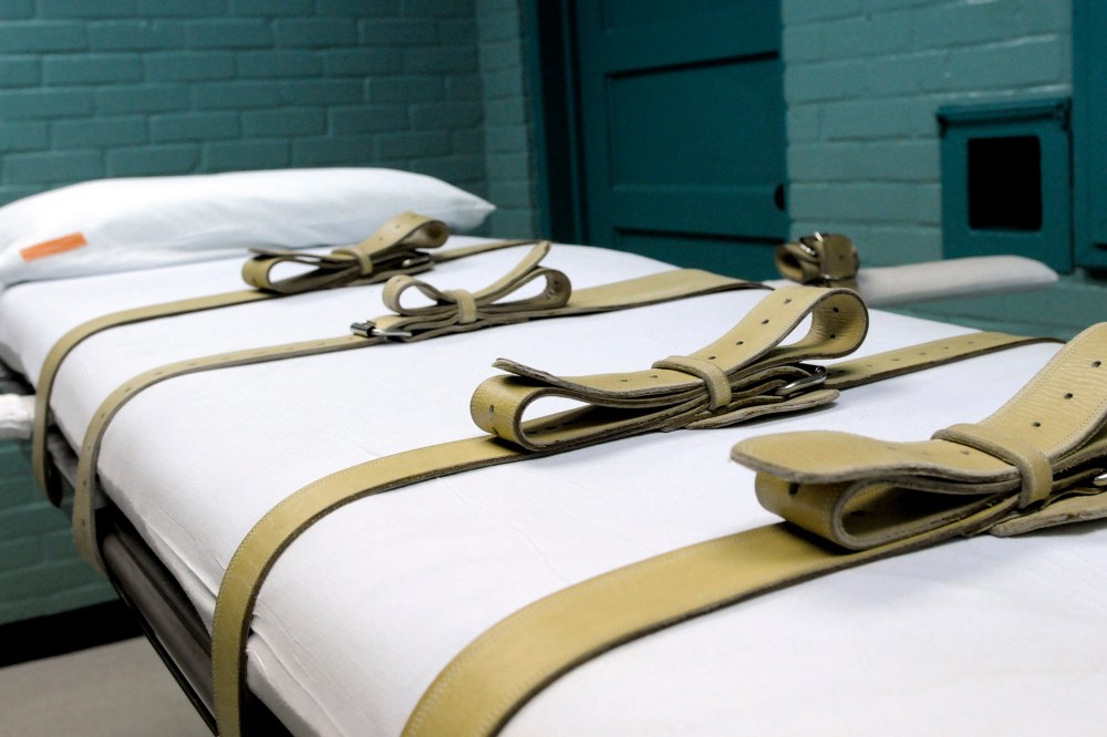 Pictured, a gurney used to restrain prisoners during the lethal injection process. (Photo by Pat Sullivan/AP)