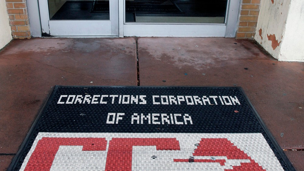 A door mat is seen Wednesday, Dec. 10, 2008, outside Corrections Corporation of America (CCA) detention center that the private prison contractor runs for the government.