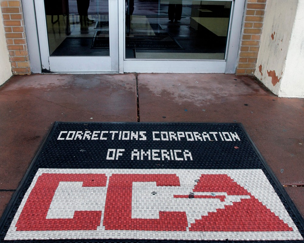 A door mat is seen Wednesday, Dec. 10, 2008, outside Corrections Corporation of America (CCA) detention center that the private prison contractor runs for the government.