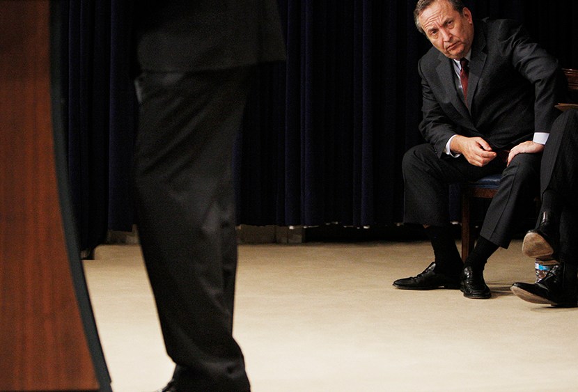 Director of the National Economic Council Lawrence Summers, right, listens to President Barack Obama, left, speak at the Fiscal Responsibility Summit, Monday, Feb. 23, 2009, in the Old Executive Office Building at the White House in Washington. (Photo...