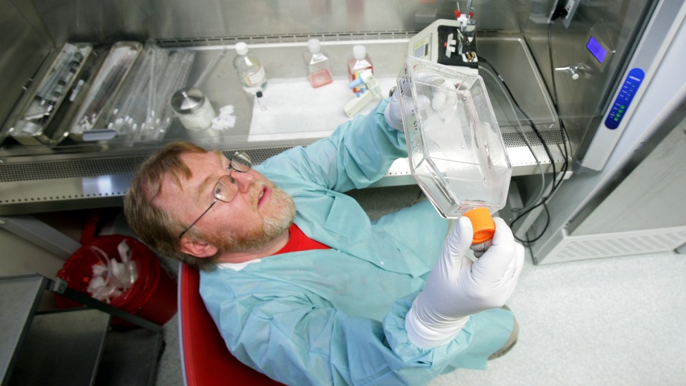 Lab technician Butch Wrobel harvests cell samples from a tissue culture at the Alaska State Virology Lab, June 12, 2009, which is helping health officials track disease like herpes, HIV, rabies and swine flu. (Photo by Eric Engman/Fairbanks Daily News/AP)