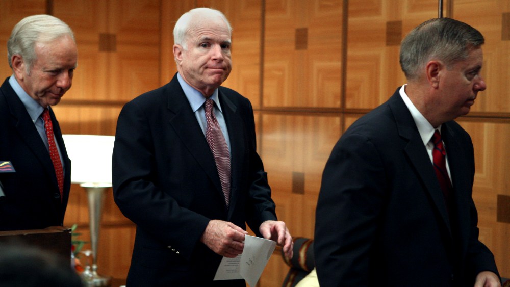 U.S Congressional Delegation from Washington D.C. Senators John McCain, Joseph Lieberman,Lindsay Graham leave a press conference at the U.S. Embassy in Tripoli, Libya  Friday, Aug. 14, 2009.