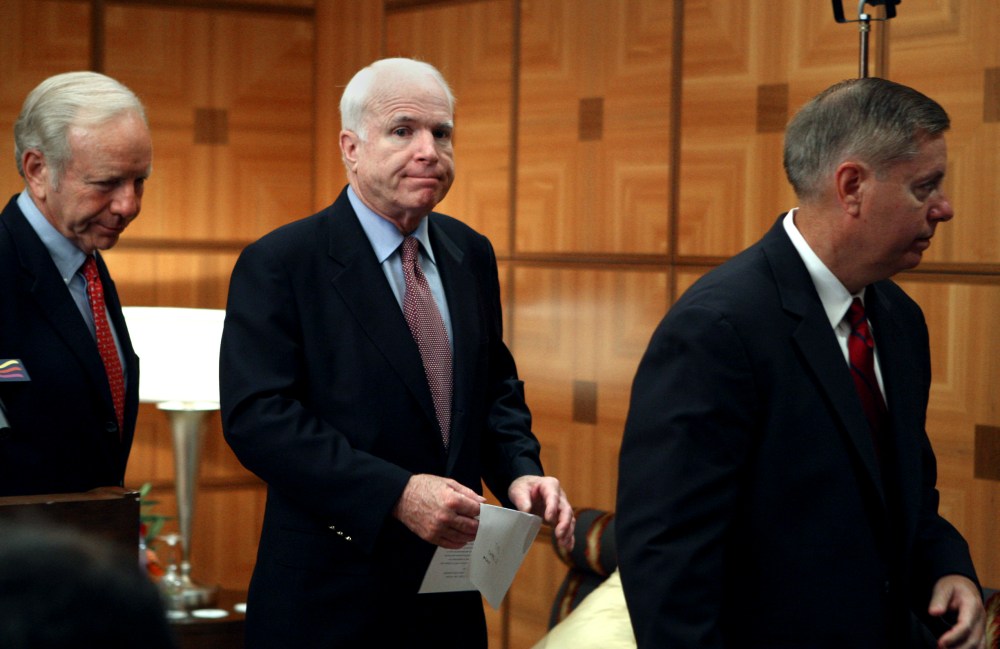U.S Congressional Delegation from Washington D.C. Senators John McCain, Joseph Lieberman,Lindsay Graham leave a press conference at the U.S. Embassy in Tripoli, Libya  Friday, Aug. 14, 2009.