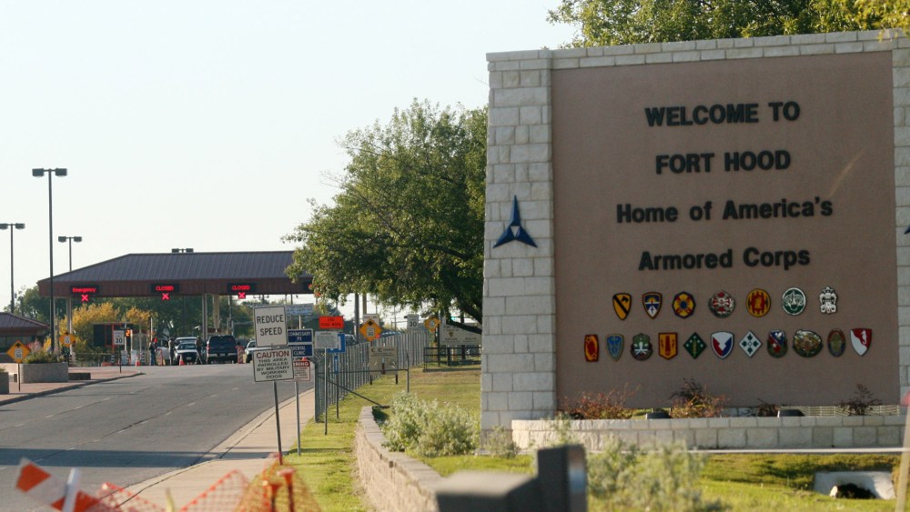 An entrance to Fort Hood Army Base in Fort Hood, Texas.