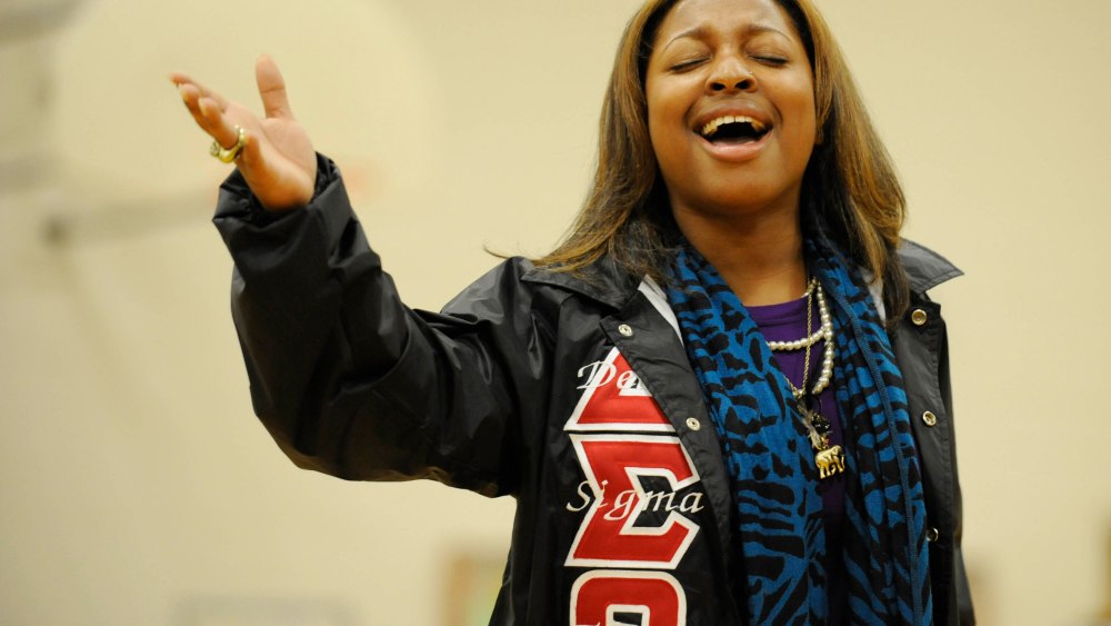 Erika Thomas with the Clark Atlanta University Delta Sigma Theta step team performs at the Sprite Step Off Service Challenge at Park Forest Middle School Saturday January 16, 2010 in Baton Rouge, LA. (Liz Condo / AP Images for Sprite)