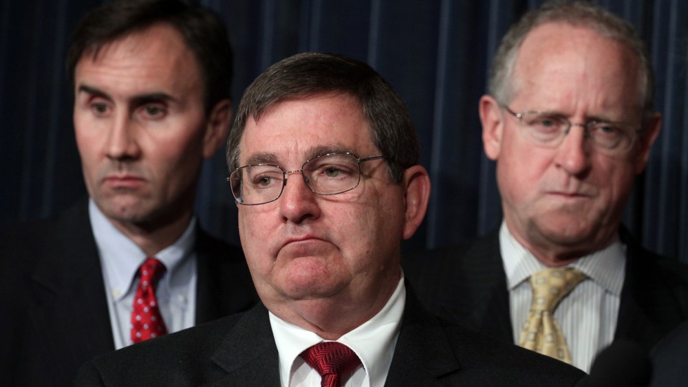 Members of the Texas Congressional delegation, from left, Rep. Pete Olson, R-Texas, Rep. Michael Burgess, R-Texas, and Rep. Michael Conaway, R-Texas, address reporters on legal challenge to the health care reform bill, Thursday, March 25, 2010, during a n
