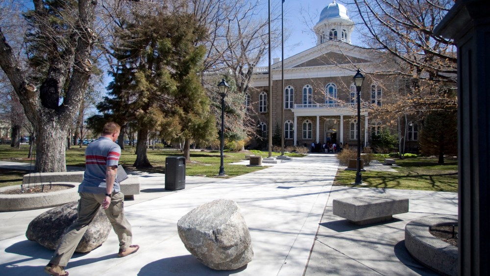 In this April 7, 2010 photo, security changes at the Capitol, in Carson City, Nev., include several boulders placed around the entrances.