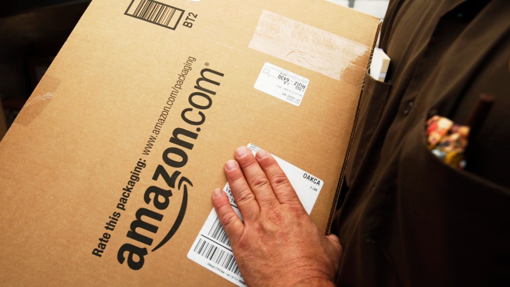 An Amazon.com package is prepared for shipment in Palo Alto, Calif.