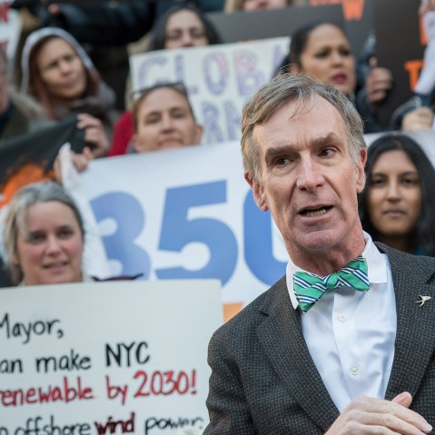 Educator and TV personality Bill Nye ("The Science Guy") speaks to the press at a pre-march press conference on the steps of City Hall, on the eve of the Paris Climate Summit (COP21), Nov. 29, 2015. (Photo by Albin Lohr-Jones/Pacific Press/AP)