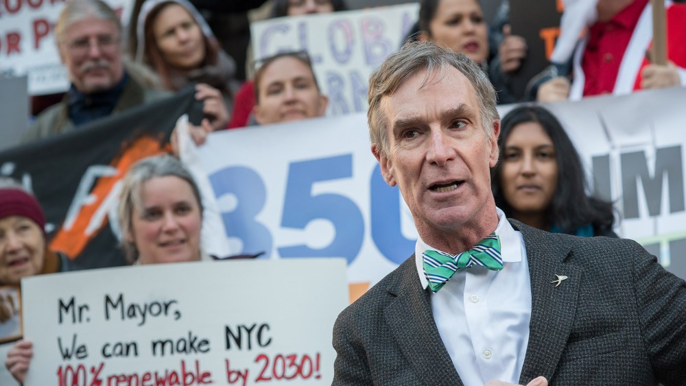 Educator and TV personality Bill Nye ("The Science Guy") speaks to the press at a pre-march press conference on the steps of City Hall, on the eve of the Paris Climate Summit (COP21), Nov. 29, 2015. (Photo by Albin Lohr-Jones/Pacific Press/AP)