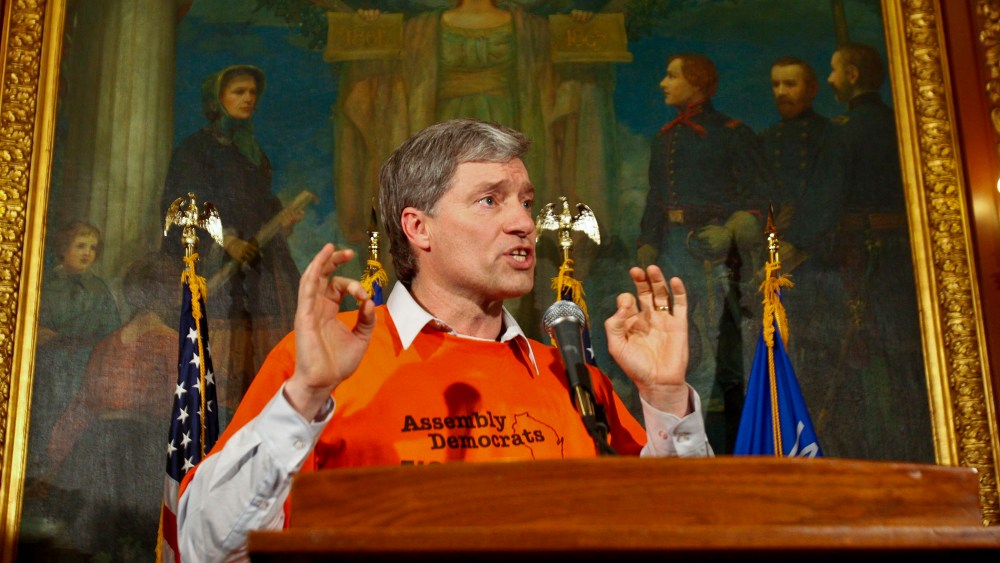 Wisconsin Rep. Brett Hulsey, D-Madison, talks to the media in an impromptu news conference in the governor's conference room at the state Capitol in Madison, Wis., Feb. 23, 2011.