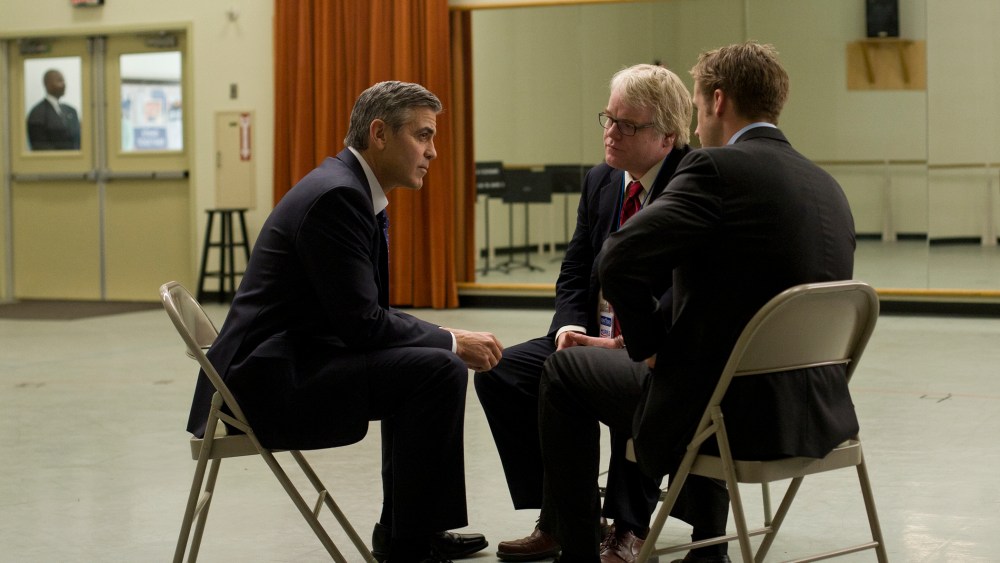 In this image released by Colombia Pictures, from left, George Clooney, Philip Seymour Hoffman and Ryan Gosling are shown in a scene from "Ides of March." (Saeed Adyani/Columbia Pictures/Sony/AP)