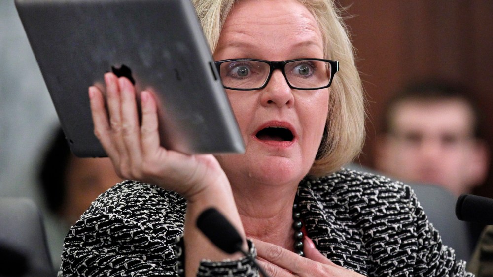 File Photo: Sen. Claire McCaskill, D-Mo., holds up her Apple IPad during a hearing of the Subcommittee on Consumer Protection, Product Safety, and Insurance on cell phone privacy on Capitol Hill Thursday, May 19, 2011 in Washington. (Photo by Alex...