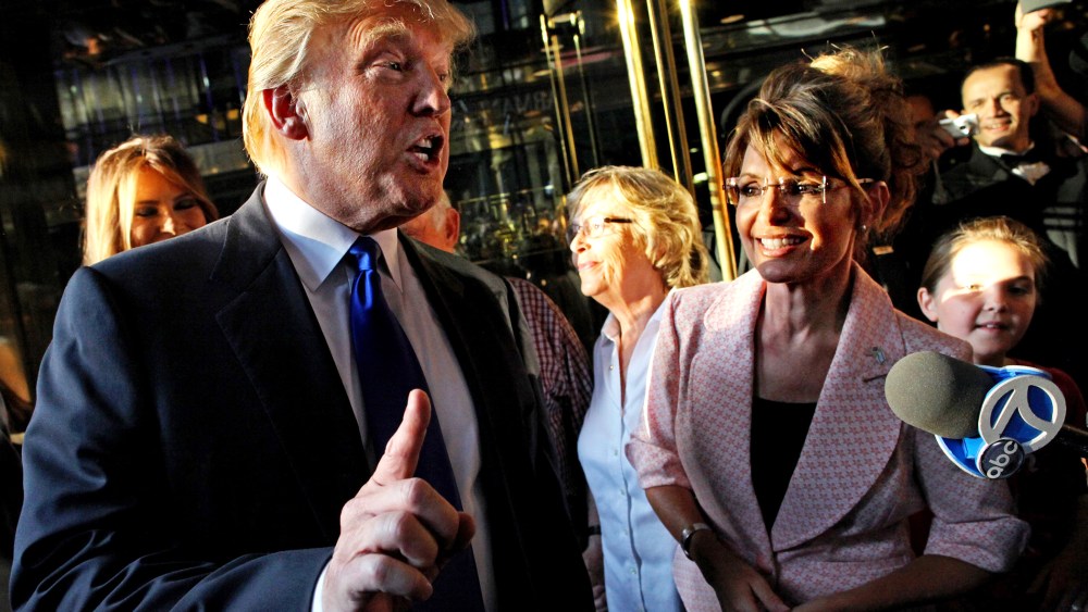 Donald Trump makes a point as he walks with former governor of Alaska Sarah Palin in New York, N.Y., as they make their way to a scheduled meeting, May 31, 2010. (Photo by Craig Ruttle/AP)