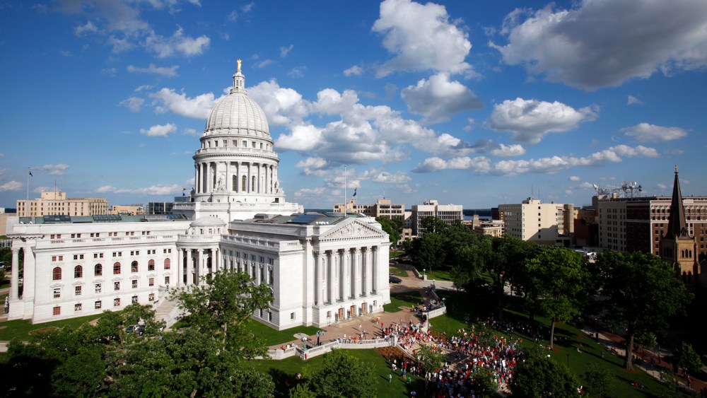 The Wisconsin State Capitol, as seen from a nearby building in Madison, Wis., on June 16, 2011.