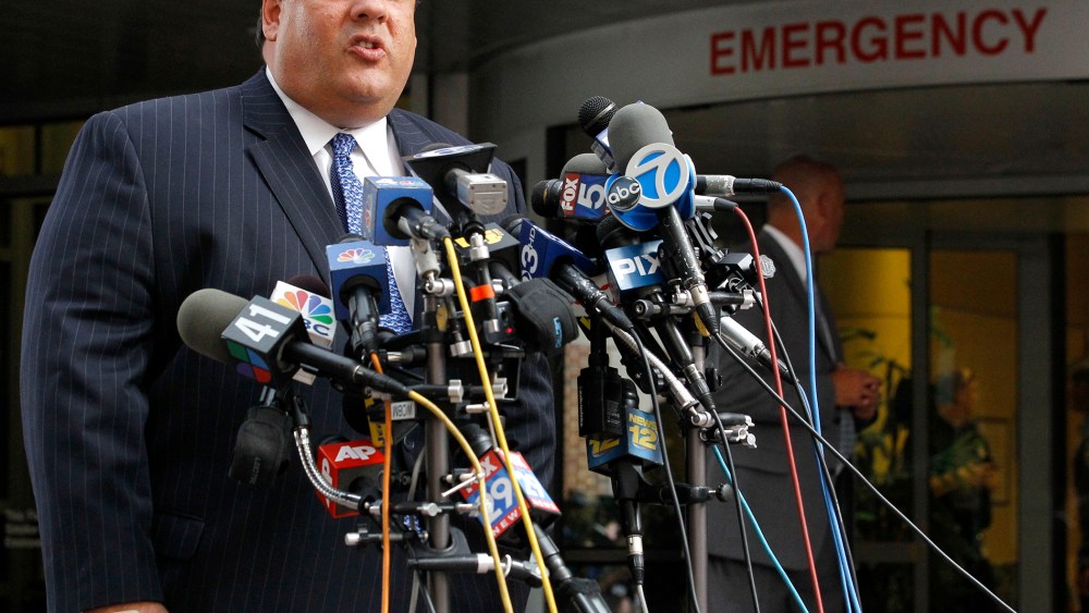 New Jersey Gov. Chris Christie talks to the media, Thursday, July 28, 2011, in Somerville, N.J.