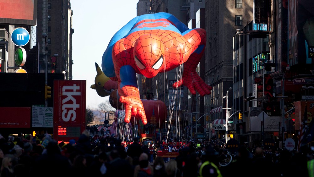 The "Spiderman" float is seen during the Macy's Thanksgiving Day Parade in Times Square in New York on Nov. 24, 2011. (Photo by Andrew Burton/AP)