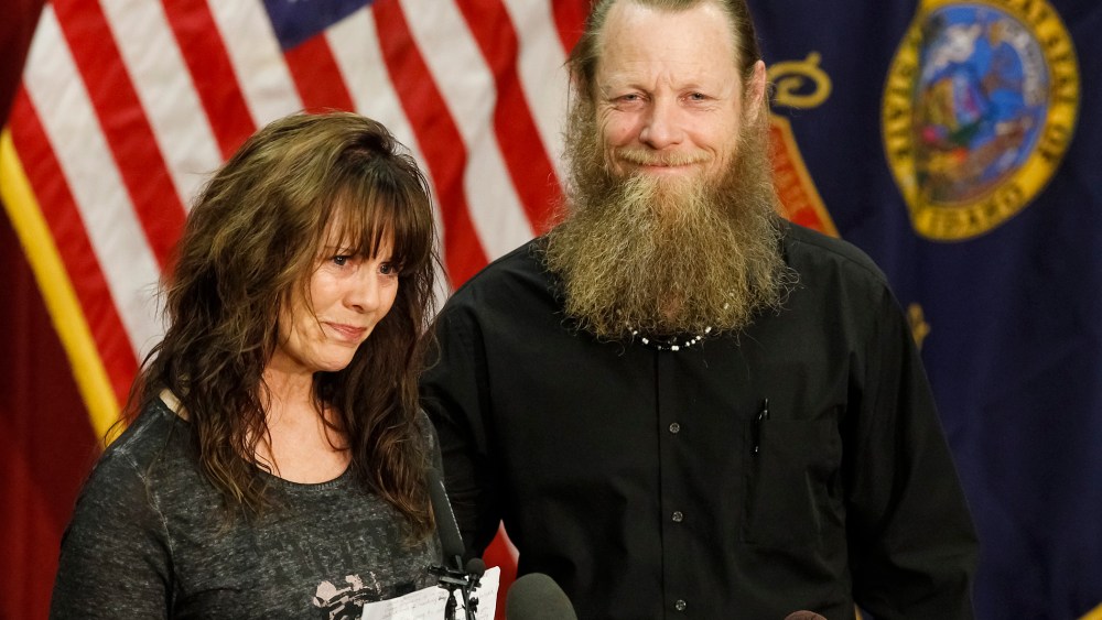 Jani and Bob Bergdahl speak to the media during a press conference at Gowen Field in Boise, Idaho, June 1, 2014.