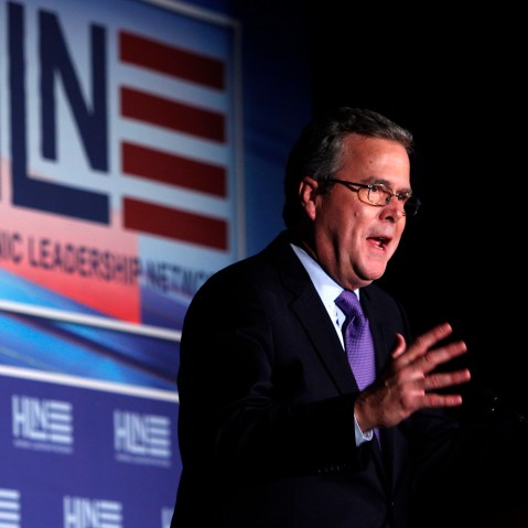 Former Fla. Gov. Jeb Bush gestures as he speaks at the Hispanic Leadership Network's conference, Jan. 26, 2012.