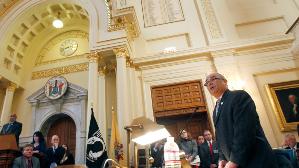 File Photo: Assemblyman Reed Gusciora D-Trenton, speaks about the bill he sponsored legalizing same-sex marriages, at the State House in Trenton, N.J., Thursday, Feb. 16, 2012. The New Jersey Assembly has passed a bill legalizing same-sex marriages,...