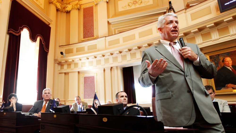 Mark Herring gestures during debate at the Capitol in Richmond, Va., April 17, 2012.