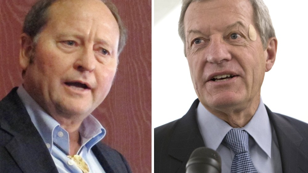 This digital composite shows (L-R) Gov. Brian Schweitzer is seen on Thursday, May 3, 2012 in Helena, Mont. (Photo by Matt Gouras/AP Photo, File) Senate Finance Committee Chairman Max Baucus, D-Mont., speaks with reporters on Capitol Hill in Washington,...