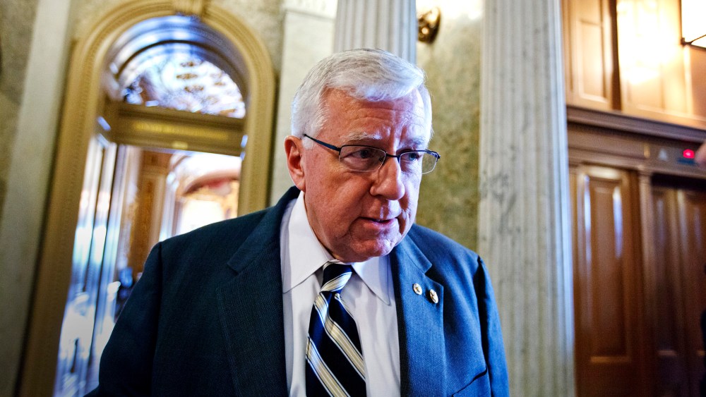 Sen. Mike Enzi pauses for questions on Capitol Hill in Washington,  May 8, 2012.