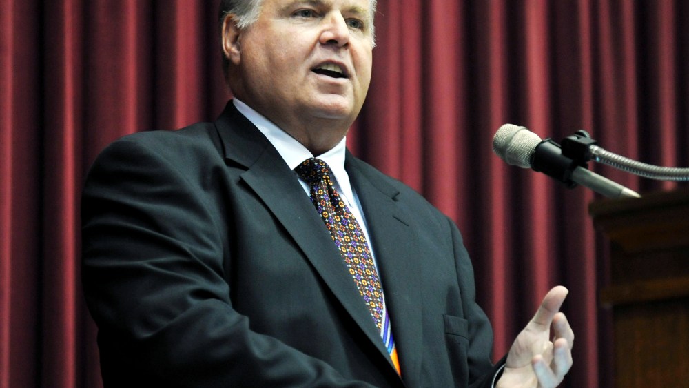 Conservative commentator Rush Limbaugh speaks in Jefferson, Missouri on Monday, May 14, 2012.