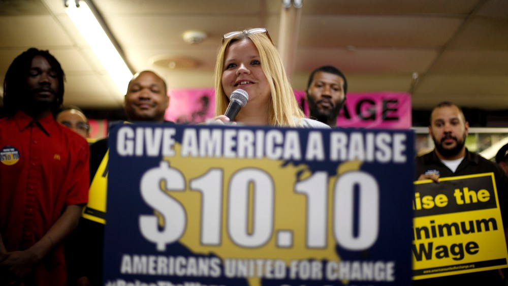 Amy Jennewein speaks during a rally to raise the minimum wage in University City, Mo. (Photo by Jeff Roberson/AP)