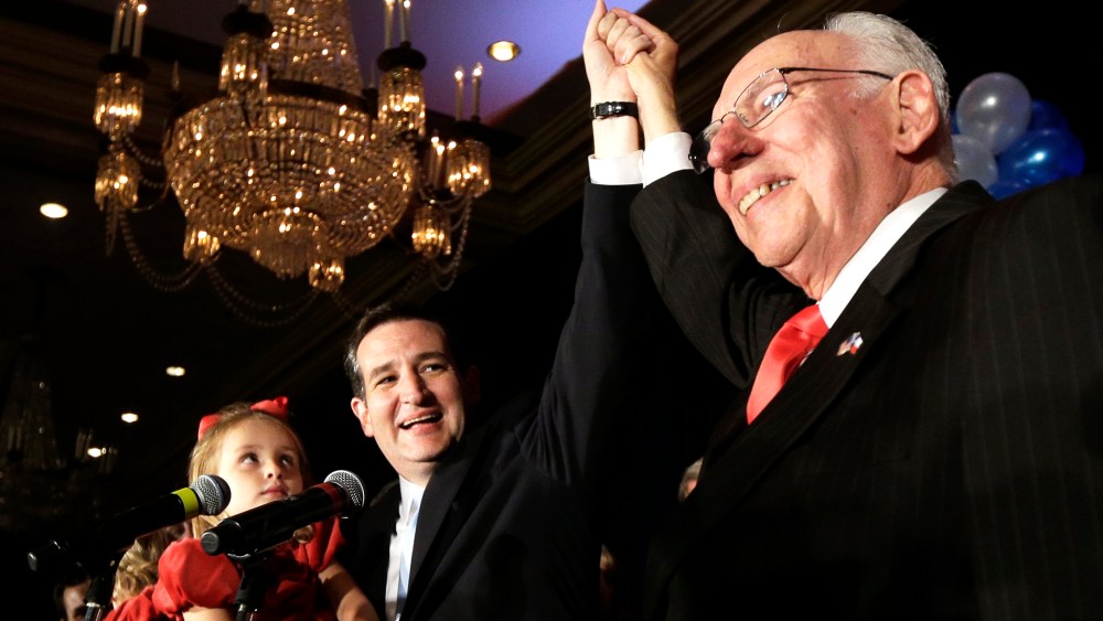 Ted Cruz with his father, Rafael, during a victory speech, Nov. 6, 2012.