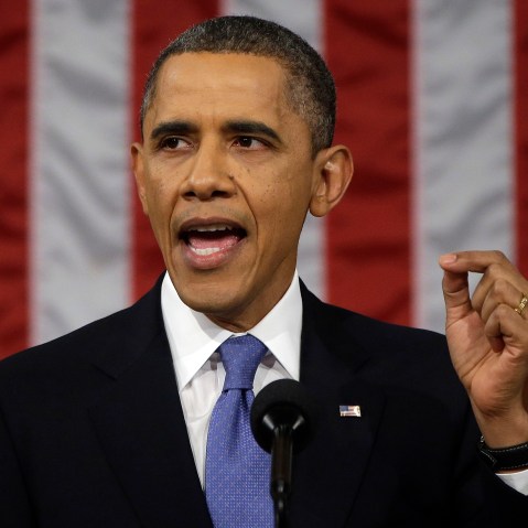 President Barack Obama gestures as he gives his State of the Union address during a joint session of Congress on Capitol Hill in Washington, Tuesday Feb. 12, 2013. (Photo by Charles Dharapak/AP)