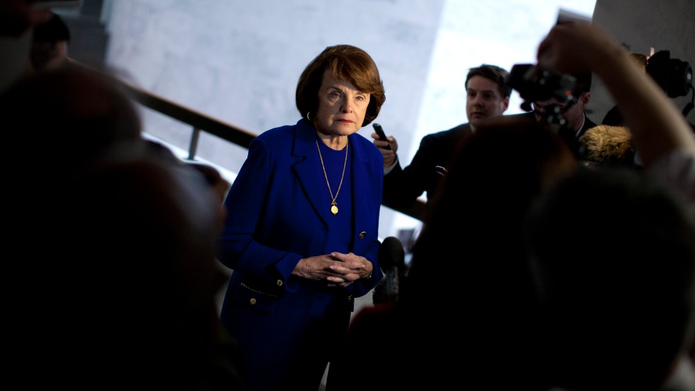 Senate Intelligence Committee Chair Sen. Dianne Feinstein, D-Calif. speaks with reporters on Capitol Hill in Washington, Tuesday, March 5, 2013, after a closed-door committee vote on CIA director nominee John Brennan.