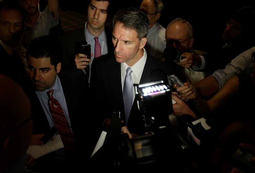 Republican gubernatorial candidate, Attorney General Ken Cuccinelli, listens to a questions from the media after the Virginia Bar Association convention debate at the Homestead in Hot Springs, Va. Saturday, July 20, 2013. (Photo by Steve Helber/AP)