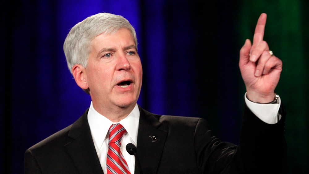 Gov. Rick Snyder speaks at a election night party in Detroit, Mich., on Nov. 4, 2014. (Photo by Paul Sancya/AP)