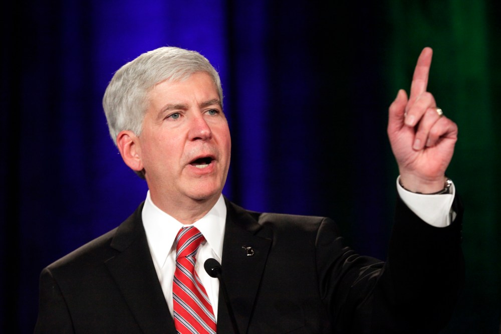 Gov. Rick Snyder speaks at a election night party in Detroit, Mich., on Nov. 4, 2014. (Photo by Paul Sancya/AP)