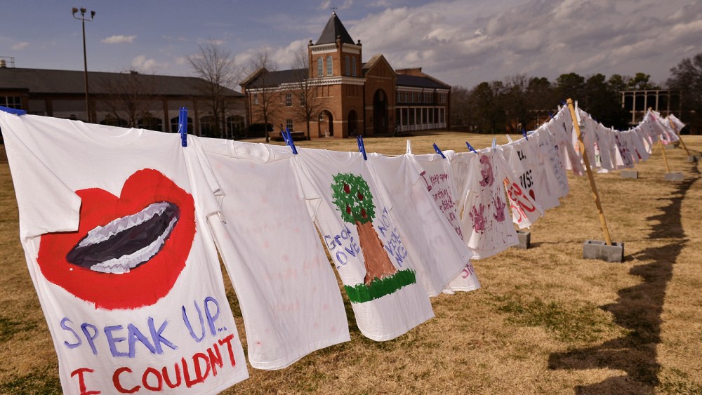 T-shirts display messages on the Clothesline Project at Converse College in  Spartanburg, S.C, on Feb. 20, 2014.