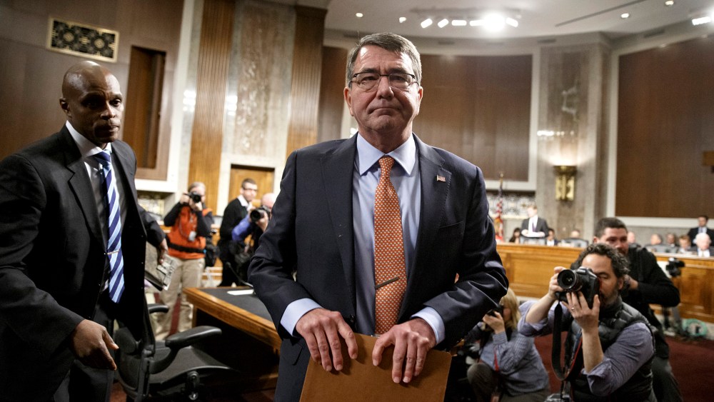 Ashton Carter takes a break in his testimony before the Senate Armed Services Committee as the panel considers his nomination as Pentagon chief, Feb. 4, 2015, on Capitol Hill in Washington, D.C. (Photo by J. Scott Applewhite/AP)