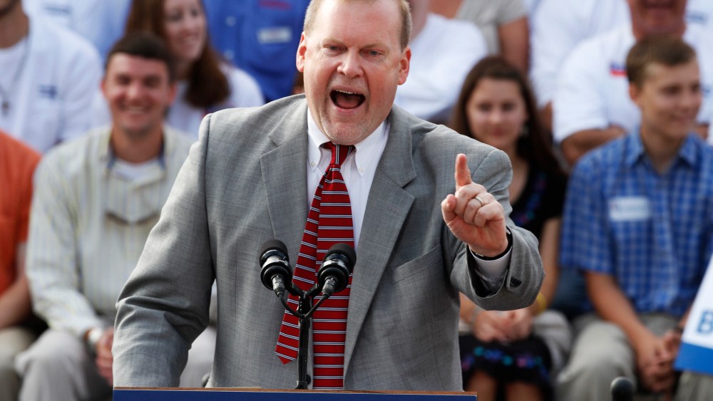 Rep. Morgan Griffith, R-Va. speaks to the crowd during a rally at a hardware store in Roanoke, Va., Wednesday, Aug. 22, 2012.