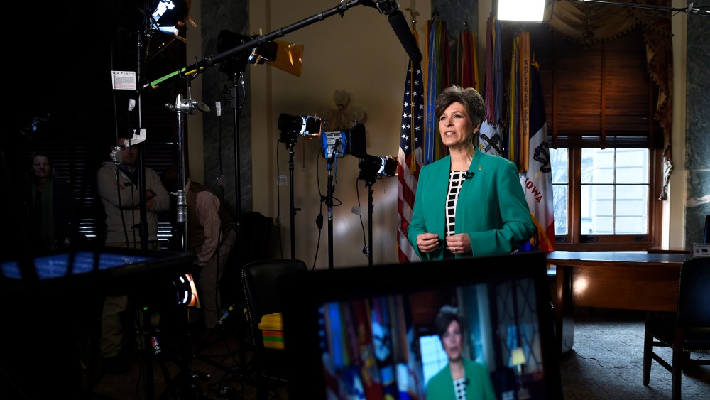 Sen. Joni Ernst, R-Iowa rehearses her remarks for the Republican response to President Obama's State of the Union address, Tuesday, Jan. 20, 2015, on Capitol Hill in Washington, D.C. (Photo by Susan Walsh/AP)