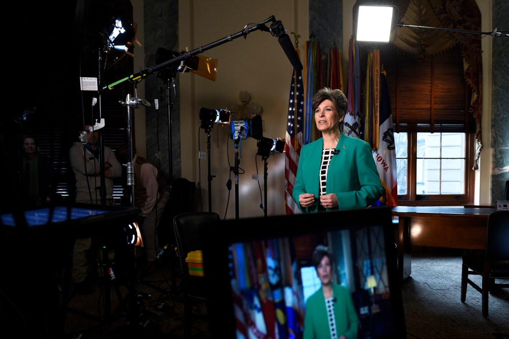 Sen. Joni Ernst, R-Iowa rehearses her remarks for the Republican response to President Obama's State of the Union address, Tuesday, Jan. 20, 2015, on Capitol Hill in Washington, D.C. (Photo by Susan Walsh/AP)