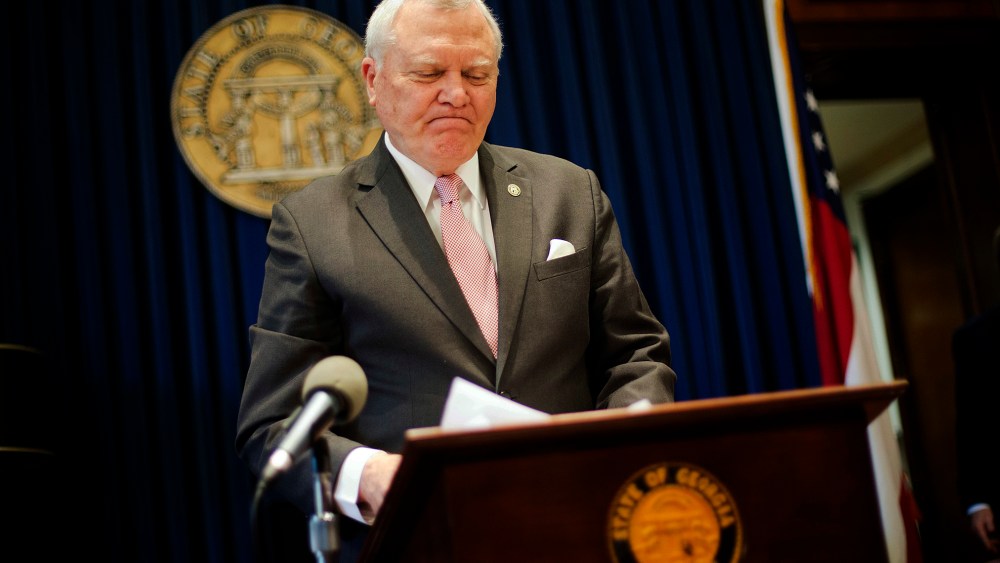 Georgia Gov. Nathan Deal speaks during a press conference as he announces he has vetoed legislation allowing clergy to refuse performing gay marriage and protecting people who refuse to attend the ceremonies, March 28, 2016. (Photo by David Goldman/AP)
