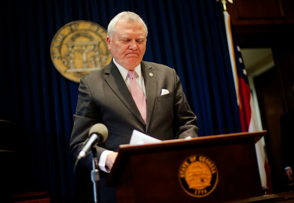 Georgia Gov. Nathan Deal speaks during a press conference as he announces he has vetoed legislation allowing clergy to refuse performing gay marriage and protecting people who refuse to attend the ceremonies, March 28, 2016. (Photo by David Goldman/AP)