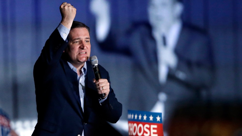 Republican presidential candidate Sen. Ted Cruz, R-Texas, speaks during a rally at the Indiana State Fairgrounds in Indianapolis, May 2, 2016. (Photo by Michael Conroy/AP)