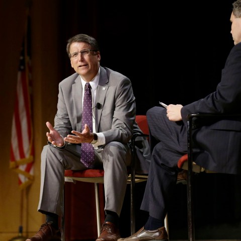 North Carolina Gov. Pat McCrory makes remarks concerning House Bill 2 while speaking during a government affairs conference in Raleigh, N.C., May 4, 2016. (Photo by Gerry Broome/AP)