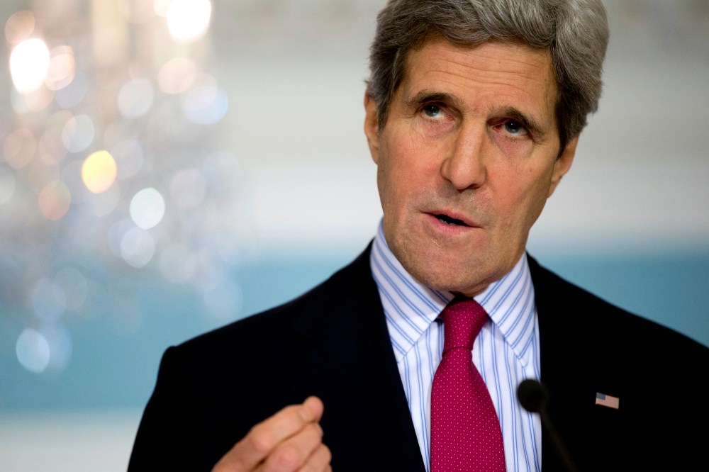 Secretary of State John Kerry gestures as he speaks during a news conference, Feb. 28, 2014 in Washington.
