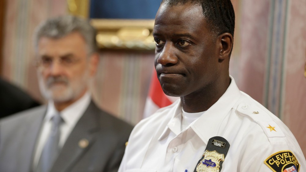 Cleveland Police Chief Calvin D. Williams makes a statement on May 30, 2014, regarding the indictment of six police officers involved in a November 2012 car chase that ended in the deaths of two unarmed people.